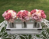 Floral farmhouse centerpiece - French country style cottage decor - shabby chic bouquets in mason jars - white washed wood tray decor
