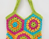 Colorful hexagon crochet bag - retro market tote bag - reusable cotton boho bag - handmade shopping tote