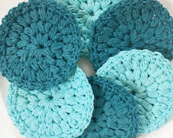 6 crochet drink coasters - coffee bar coasters - teal and aqua table setting decor - handmade Secret Santa gift set