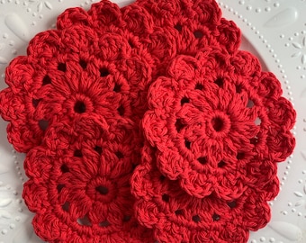 Set of 6 red cotton crochet drink coasters - coffee bar decor - housewarming gift set