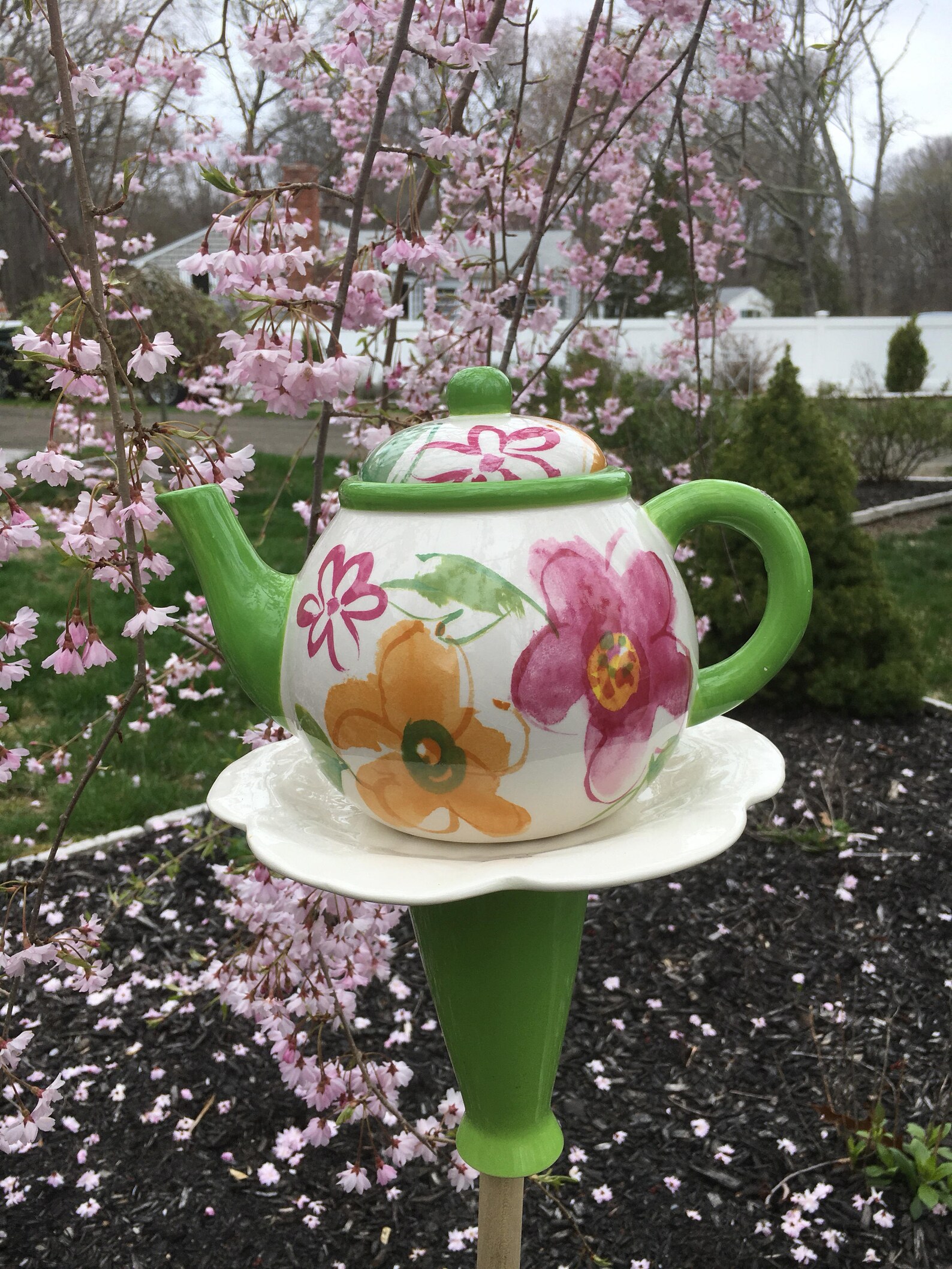 Teapot garden stake teapot feeder garden whimsy upcycled Etsy