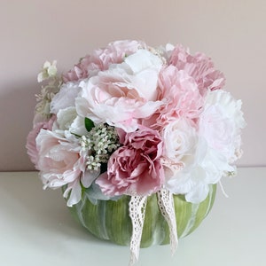 Pumpkin centerpiece farmhouse decor pink Fall decor shabby style wedding flower arrangement in a pumpkin image 8