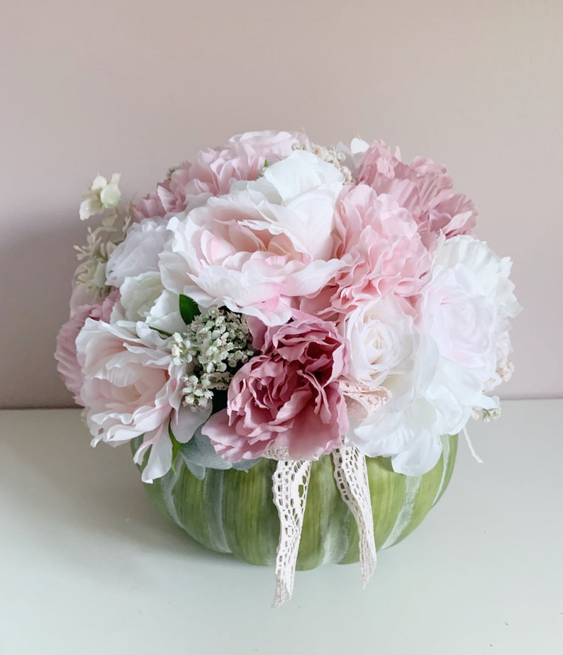 Pumpkin centerpiece farmhouse decor pink Fall decor shabby style wedding flower arrangement in a pumpkin image 8