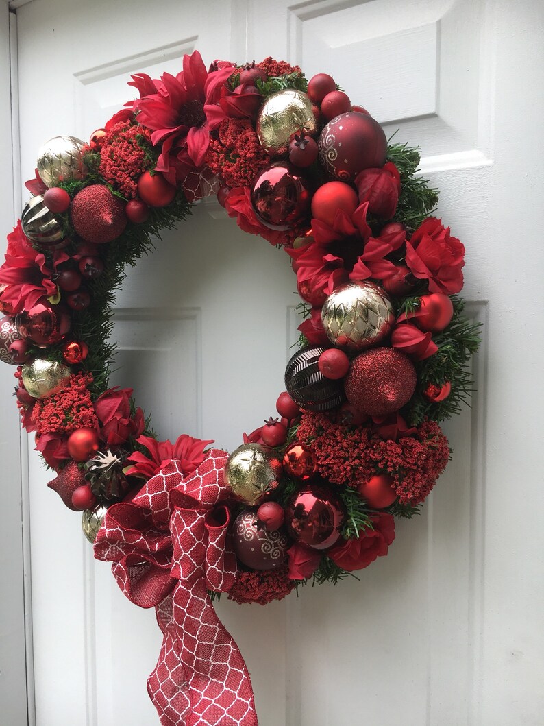 Red and gold Christmas wreath red Holiday ornament wreath Christmas front door wreath Holiday decoration image 8