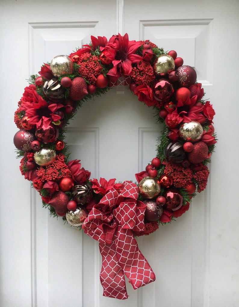 Red and gold Christmas wreath red Holiday ornament wreath Christmas front door wreath Holiday decoration image 1