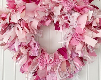 Pink rag heart wreath - Valentine's day decor - Wedding gift
