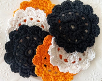 Set of 6 crochet coasters - coffee bar decor - orange black and white Halloween table decor - handmade gift set