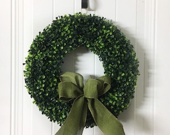 Farmhouse boxwood wreath - yearround wreath with artificial boxwood - all season evergreen wreath with bow of your choice