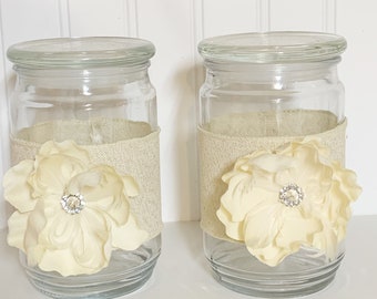 Glass jar container set of 2 - decorative storage jars - kitchen canister set - bathroom jar decor - Apothecary jars