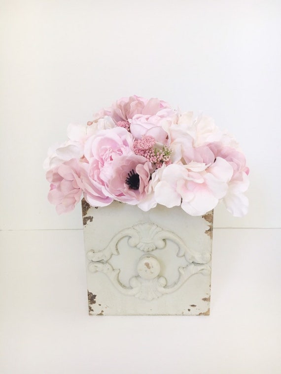 Antique White Flower Wall Box Offwhite Decor Shabby Chic Silk Arrangement Vintage Inspired
