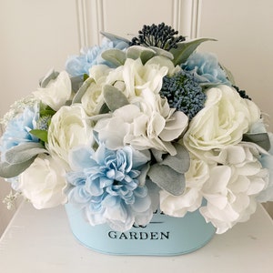 Large floral blue and white farmhouse decor - flower centerpiece arrangement in tin planter