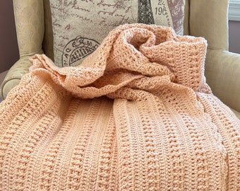 Peach crochet throw blanket - handmade afghan - bedroom decor Housewarming gift