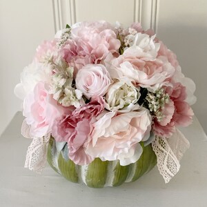 Pumpkin centerpiece farmhouse decor pink Fall decor shabby style wedding flower arrangement in a pumpkin image 2