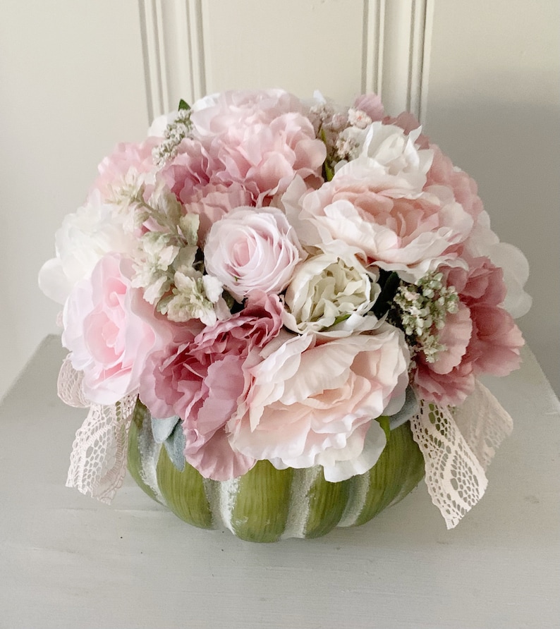 Pumpkin centerpiece farmhouse decor pink Fall decor shabby style wedding flower arrangement in a pumpkin image 2