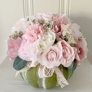 Pumpkin centerpiece farmhouse decor pink Fall decor shabby style wedding flower arrangement in a pumpkin image 7