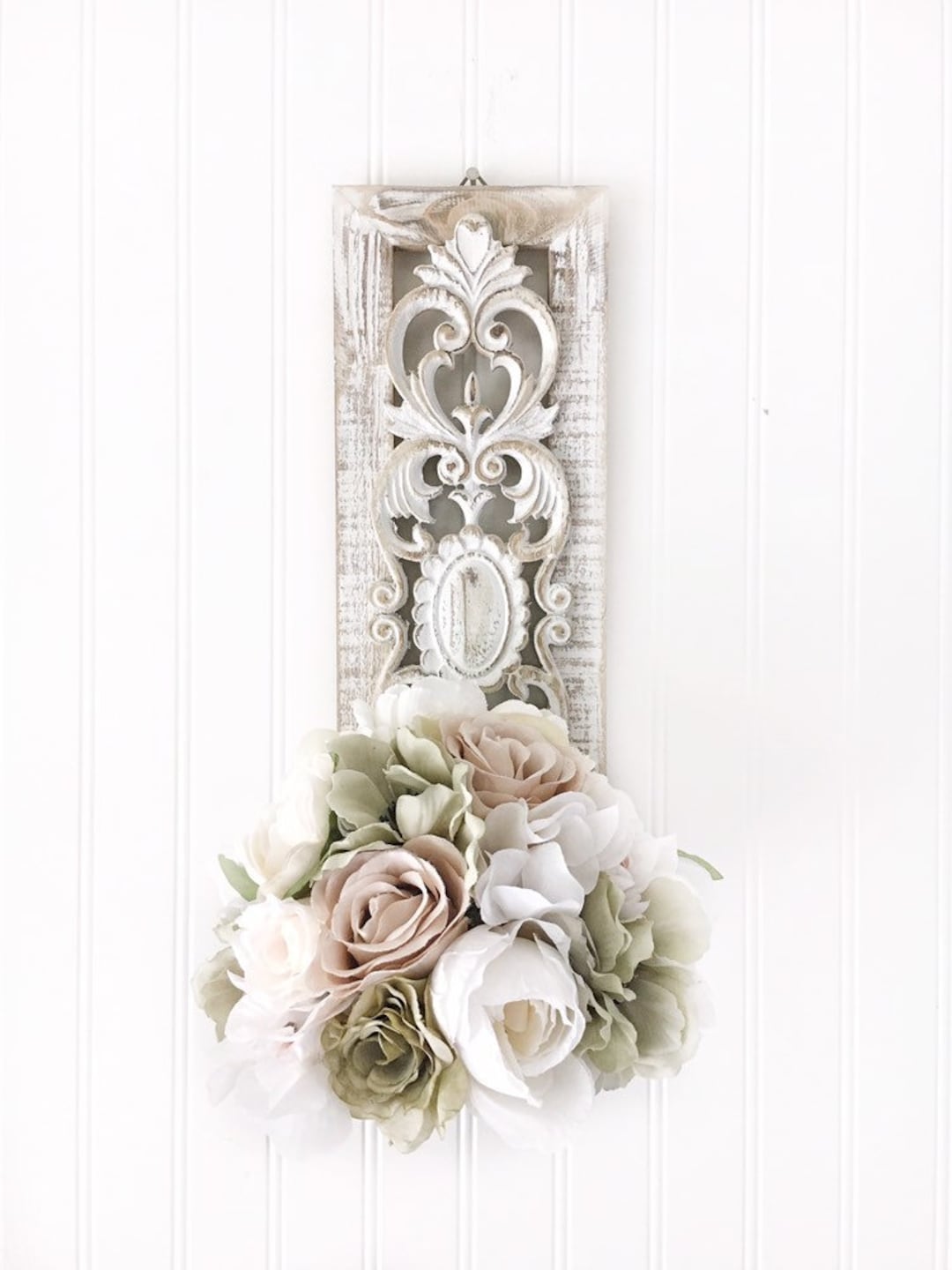 Shabby Style Flower Arrangement Wall Decor Cottage Chic Wooden Wall
