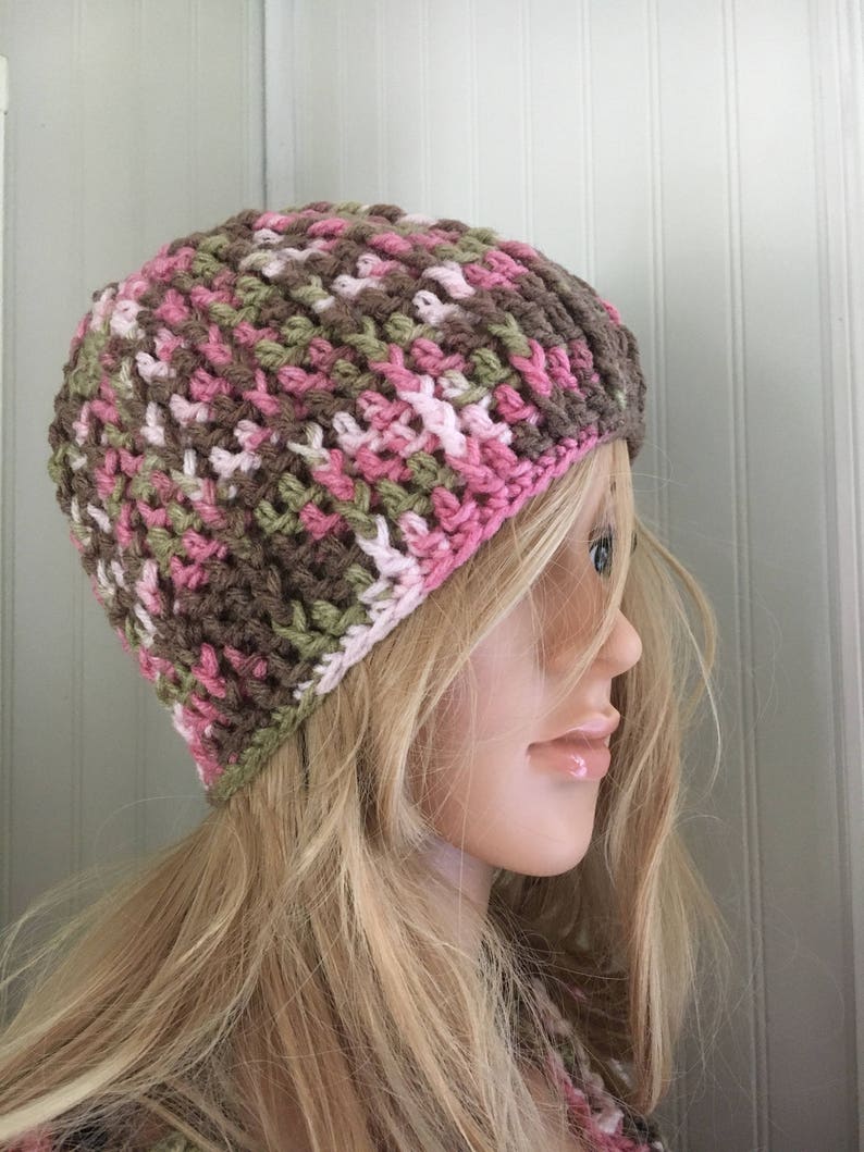 Camo crochet hat for women and teenage girls crochet beanie in pink camo Fall and Winter accessory for her handmade winter hat