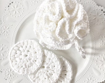 White bath pouf and crochet scrubby set - Bath and Shower gift set for women - Christmas gift under 20
