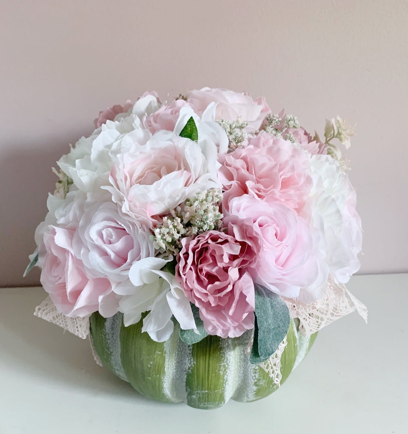 Pumpkin centerpiece farmhouse decor pink Fall decor shabby style wedding flower arrangement in a pumpkin image 9