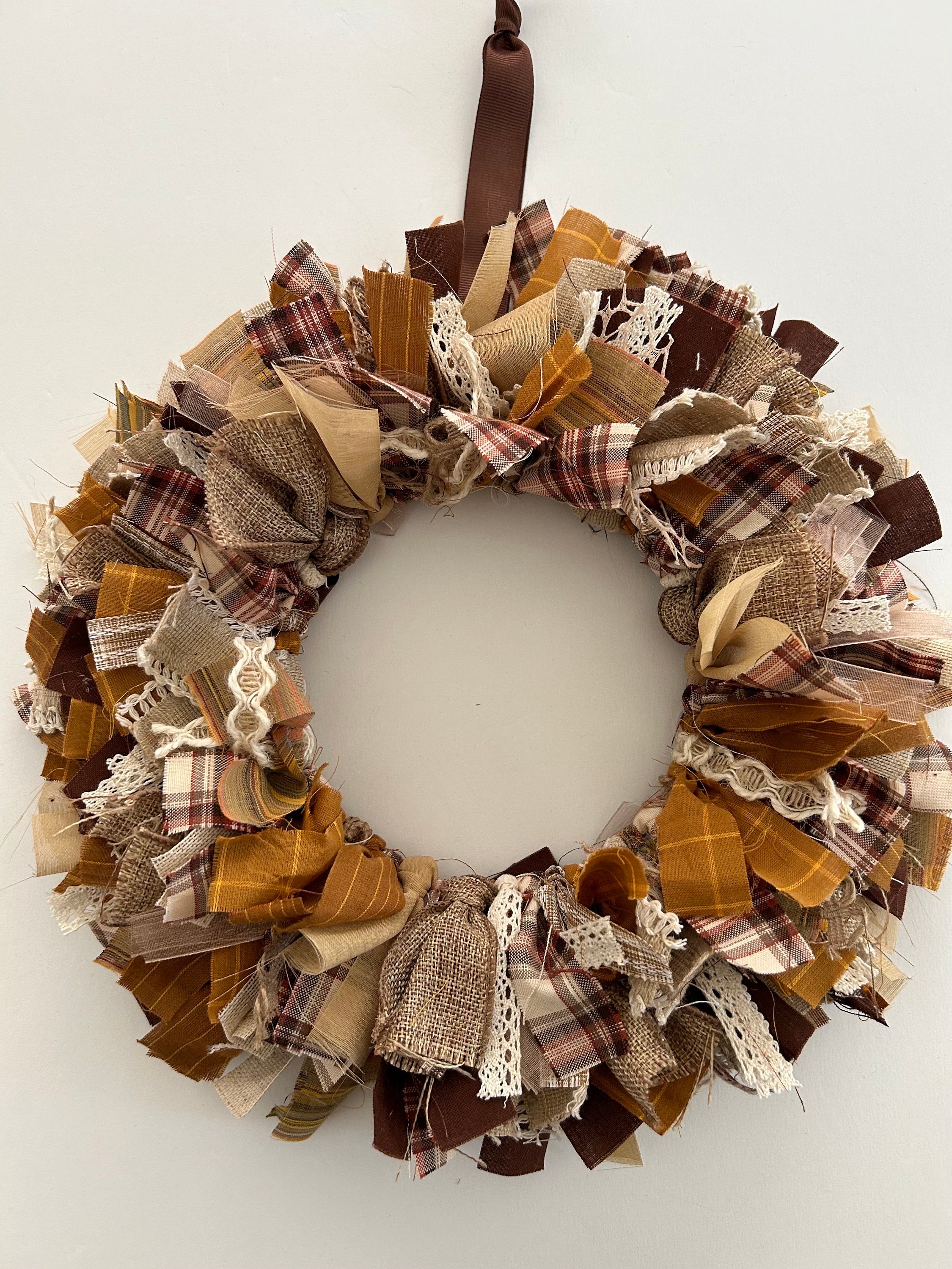 Brown rag wreath Farmhouse decor - 13” Fall wall decor