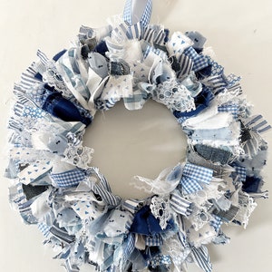 Blue Farmhouse kitchen cabinet rag wreath - nursery wall decor - baby shower decor - 13" boys room decoration