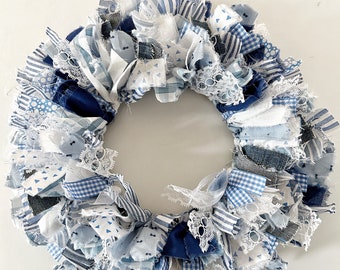 Blue Farmhouse kitchen cabinet rag wreath - nursery wall decor - baby shower decor - 13&quot; boys room decoration