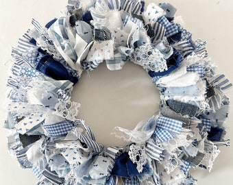 Blue Farmhouse kitchen cabinet rag wreath - nursery wall decor - baby shower decor - 13" boys room decoration