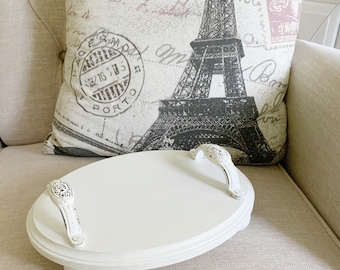 Decorative oval pedestal wood tray - white Farmhouse riser - French country decor - shabby style serving tray