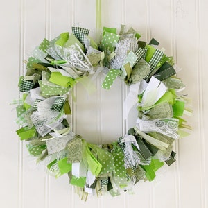 13&quot; green rag wreath - farmhouse decor - wall decor housewarming gift