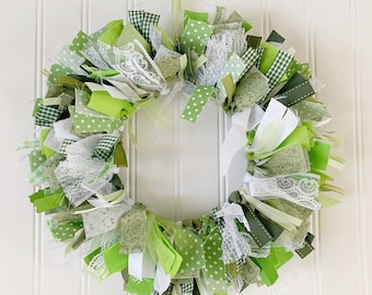 13&quot; green rag wreath - farmhouse decor - wall decor housewarming gift