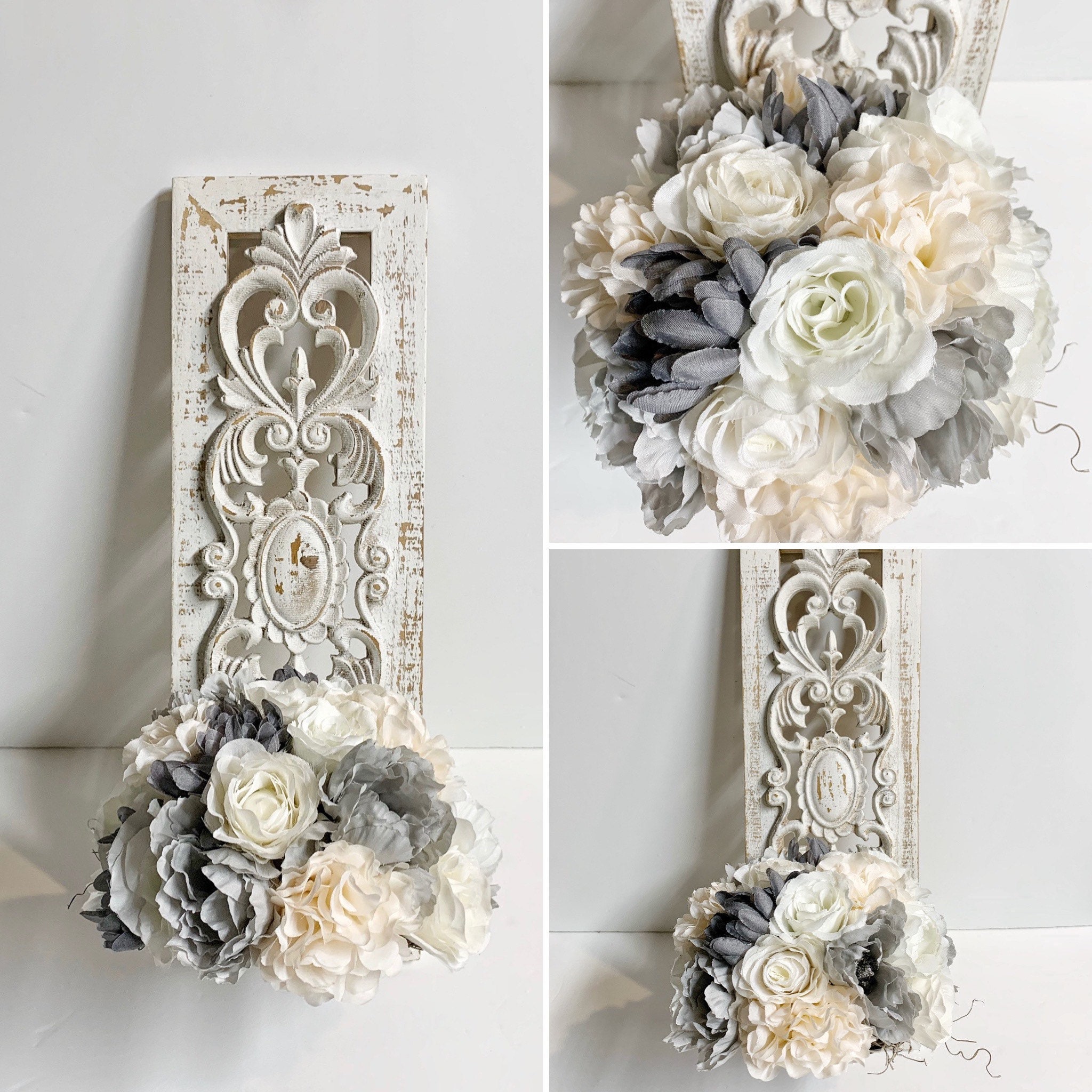 Shabby Style Flower Arrangement Wall Decor - Cottage Chic Wooden Wall ...