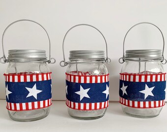 Patriotic mason jar candle holder - Independence day decor - red white and blue hanging candle holder - glass lantern USA decor