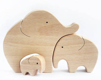 Wooden puzzle Elephant nursery decor Elephant toy wooden animals wooden toys Family gift for family of 3 Educational toys Family keepsake
