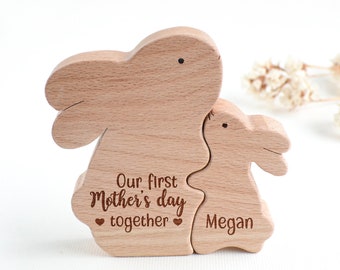 Personalized first Mother's day gift . Wooden mom and baby bunny .  Daughters first mothers day