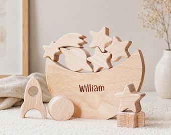Wooden Moon Balance Toy Space Stacking Game for Toddlers Kids