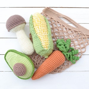 Play kitchen crochet food set of 4 vegetables in a cotton net bag. Pretend food sensory toys granddaughter gift . 1 year old girl gift