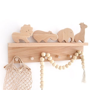 Wooden safari animals for shelf . Elephant Lion Giraffe Hippo figurines . Safari baby shower