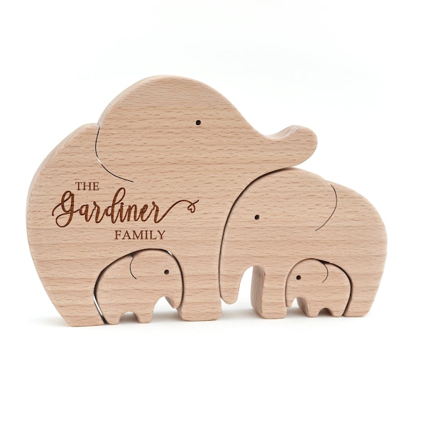 Anniversary gift wooden elephant puzzle personalized with family name . Father's day gift . Heirloom family gifts