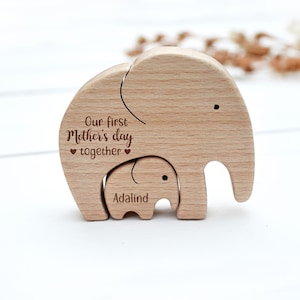 Personalized first Mother's day gift . Wooden mom and baby elephant . Daughters first mothers day