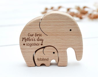 Personalized first Mother's day gift . Wooden mom and baby elephant . Daughters first mothers day