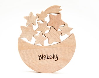 Wooden star balancer personalized gift . 3 years old birthday gift . Space toys for toddlers