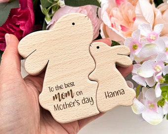 Mother's day gift . Personalized first Mothers day gift . Wooden mom and baby bunny . Daughters first mothers day