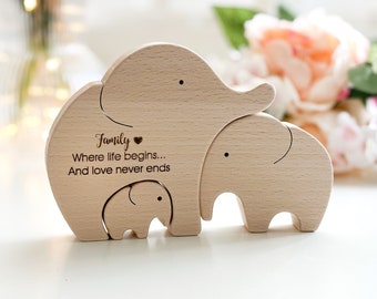 Pregnancy gift for first time moms . Wooden elephant puzzle . Family of 3 gift for expecting parents