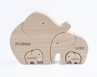 Wooden elephant puzzle Personalized family of four gift, Expecting parents gift, Father’s day gift