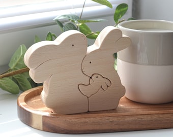 Wooden bunny family of 3 puzzle . Pregnancy gift . Expecting family Christmas gift