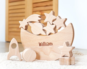 Wooden Moon Balance Toy Space Stacking Game for Toddlers Kids