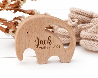 Birth stats wood baby rattle toy . Personalized elephant gender neutral wooden baby milestone gift . Custom name birth announcement
