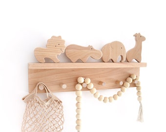 Wooden safari animals for shelf . Elephant Lion Giraffe Hippo figurines . Safari baby shower