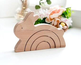 Bunny wooden rainbow stacker toy . Personalized natural wood stacking toy . Gender neutral nursery decor