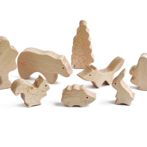 Wooden forest animals play set . Woodland creatures fox bear hedgehog squirrel wood animals . Gender neutral nursery decor toys